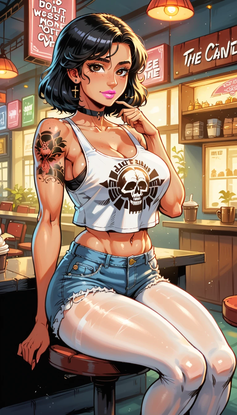 Image of a girl:(long black hair with fringes :1.2),highly detailed brown eyes ,  thick thighs ,  curvy body ,  lush breasts ,  tanned skin ,  curvy hips  ,pink lipstick

Suit : black choker, white tank top shirt with Mexican skull print , tattoo,short ultra short fitted short denim shorts  , white pantyhose , 

Pose:  Sitting cross-legged on the outdoor coffee shop chair,  hand to chin

 In the boho chic style , in a café,  multicolored neon lights,  neon garlands , , mixed language_SMS, Japanese graffiti , (beautiful and clear background:1.2),, fantastic paintings ,graphite style,  with ultra-fine details , masterpiece,  best quality ,  high quality,  High resolution, detail enhancement, ((most beautiful image  in the world)), masterpiece,  best quality ,  high quality,  High resolution, detail enhancement, ((most beautiful image  ), , art by stjepan sejic, arte de j scott campbell,  art by Guillem March , arte de citemer liu, 4K,  High resolution,  comic book  book character,  comic book ,  high quality detalhado, style of ::2. Illustration style 0 Comix ,estilo tattoo,  high quality,  High resolution, detail enhancement, 8k, HD,  best quality ,  high quality,  High resolution, detail enhancement, 8k, HDR, Sharp Focus, Ultra Detailed,  Perfect lighting , 
