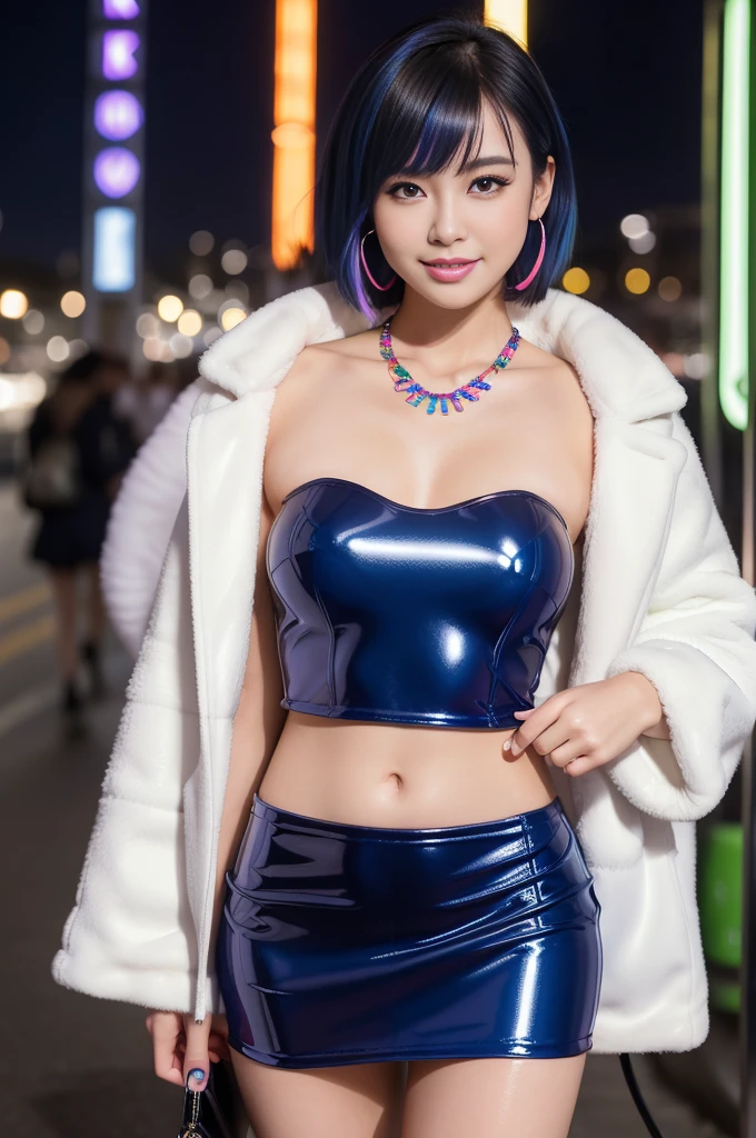 female idol、nude lip gloss、smiling face、defined brows、smoky eyshadow、dramatic lashes、radiant skin、contoured cheekbones、full body Esbian、shiny very large earrings(neon indigo)、shiny very large necklace(neon indigo)、(shiny glossy long fingerless latex gloves(neon indigo))、(shiny glossy latex tight bra(neon indigo))、(shiny glossy latex tight hot pant(neon indigo))、clutch(neon indigo)、((multicolor short hair(neon indigo)))、long white fluffy fur coat with white fluffy fur(bright white)、conceptual art, High quality, Realistic, extremely detailed CG unified 8k wallpaper, highly detailed, High-definition raw color photos, professional photography, Realistic portrait, Cinematic Light, Beautiful detailed, Super Detail, high details, (((Bokeh))), depth of fields, illumination, Neon Street, Super stylish lighting