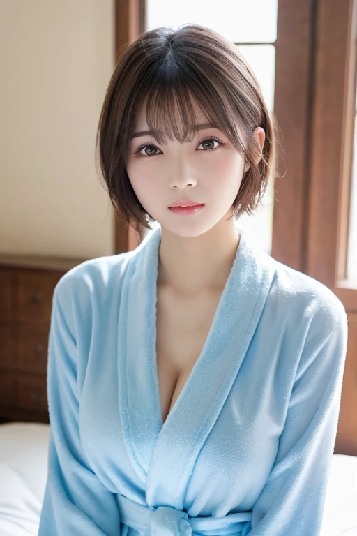 masterpiece, Best Quality,  one woman, ( Light Blue Bathrobe:1.2)、(RAW 写真Best Quality), (reality, reality的:1.4),  sexy、iris、 very detailed eyes and face ,  beautiful and detailed nose, beautiful eyes,  perfect anatomy、 short hair、 cleavage、 shiny skin、 blushes cheeks、Serious face、 open my lips、 bed、Rear Light 