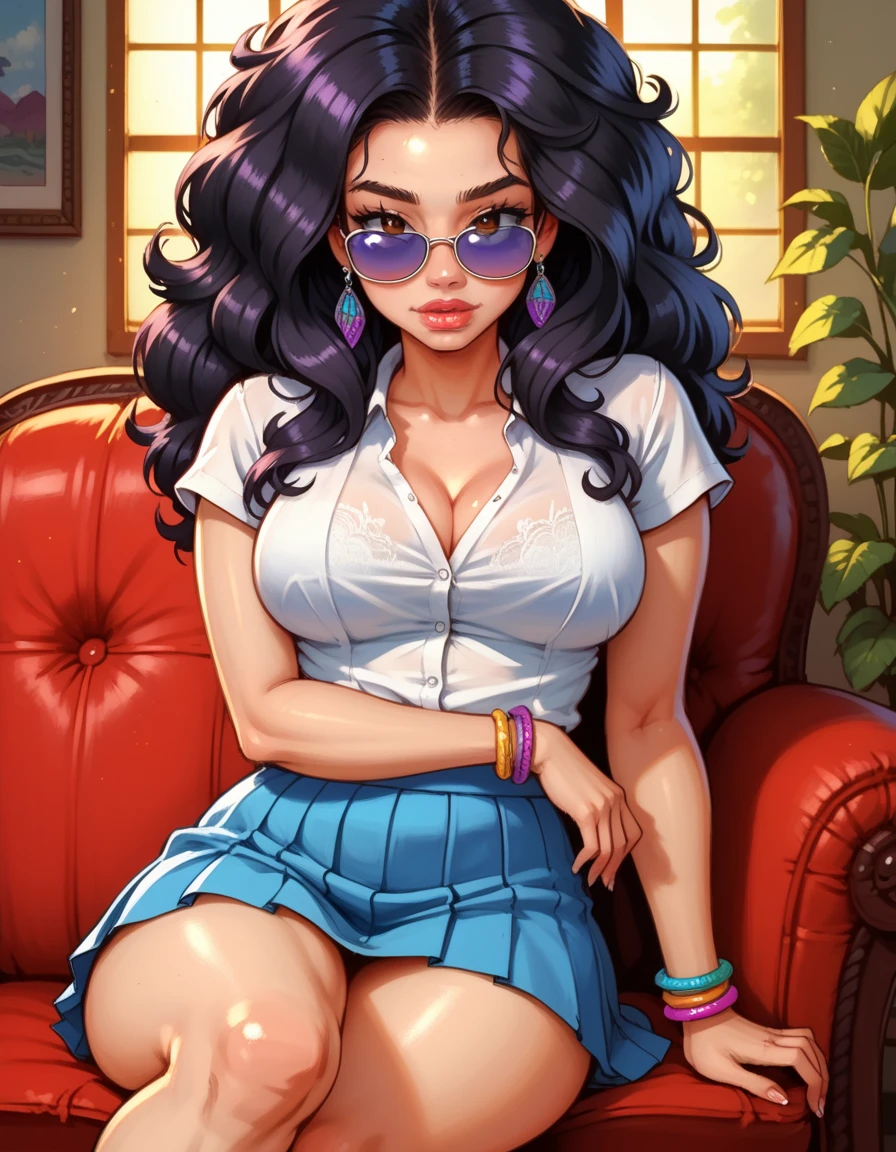 a Latin girl  , with long black hair ,  vibrant brown eyes and large breasts .  She wears a student costume (white blouse and short blue pleated skirt above the thigh),  colored bracelets and sunglasses with clear purple lenses,  Her costume is cute and short ,  But provocative and inviting , sitting on the living room sofa  (((legs crossed))),  resting her face on her hand and her elbow on the couch .  She smiles annoyingly and maliciously . Detailed face, big and loose hair, best quality ,  high quality,  High resolution, detail enhancement, 8k, hdR, Sharp Focus, Ultra Detailed,  Perfect lighting ,  curvy body ,  lush breasts ,  curvy hips 