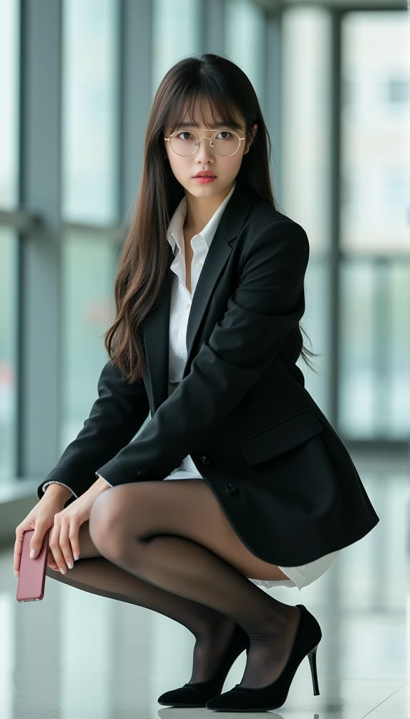 A Japanese woman in a black suit and white shirt poses on the stairs, Wearing a strict tight mini skirt、 Wear a business jacket, 8k,  (Semi-long hair:1.3), (Light brown hair:1.3), Wear high heels、Wearing thin black tights、high waist、Low - Angle、whole body、Wearing black stockings、