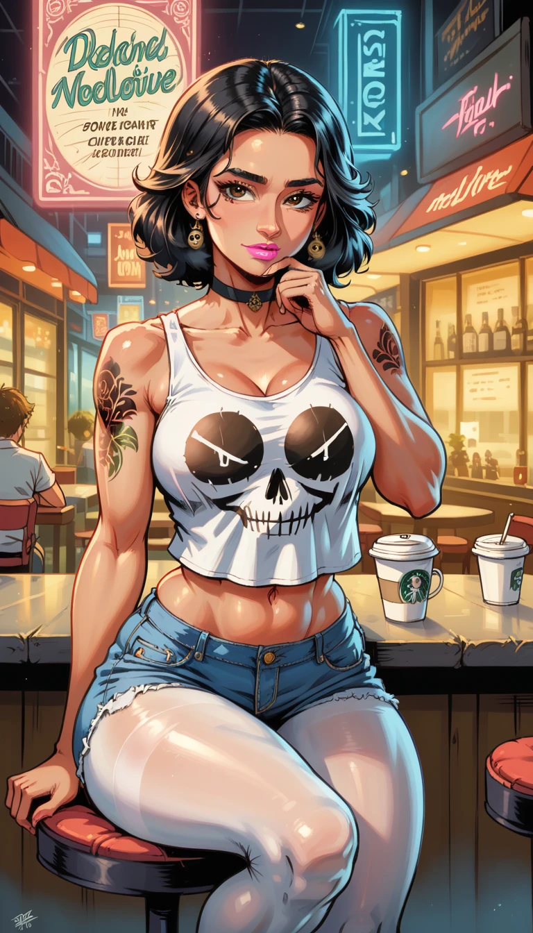 Image of a girl:(long black hair with fringes :1.2),highly detailed brown eyes , thick thighs , curvy body , lush breasts , tanned skin , curvy hips ,pink lipstick Suit : black choker, white tank top shirt with Mexican skull print , tattoo,short ultra short fitted short denim shorts , white pantyhose , Pose: Sitting cross-legged on the outdoor coffee shop chair, hand to chin In the boho chic style , in a café, multicolored neon lights, neon garlands , , mixed language_SMS, Japanese graffiti , (beautiful and clear background:1.2),, fantastic paintings ,graphite style, with ultra-fine details , masterpiece, best quality , high quality, High resolution, detail enhancement, ((most beautiful image in the world)), masterpiece, best quality , high quality, High resolution, detail enhancement, ((most beautiful image ), , art by stjepan sejic, arte de j scott campbell, art by Guillem March , arte de citemer liu, 4K, High resolution, comic book book character, comic book , high quality detalhado, style of ::2. Illustration style 0 Comix ,estilo tattoo, high quality, High resolution, detail enhancement, 8k, HD, best quality , high quality, High resolution, detail enhancement, 8k, HDR, Sharp Focus, Ultra Detailed, Perfect lighting ,
