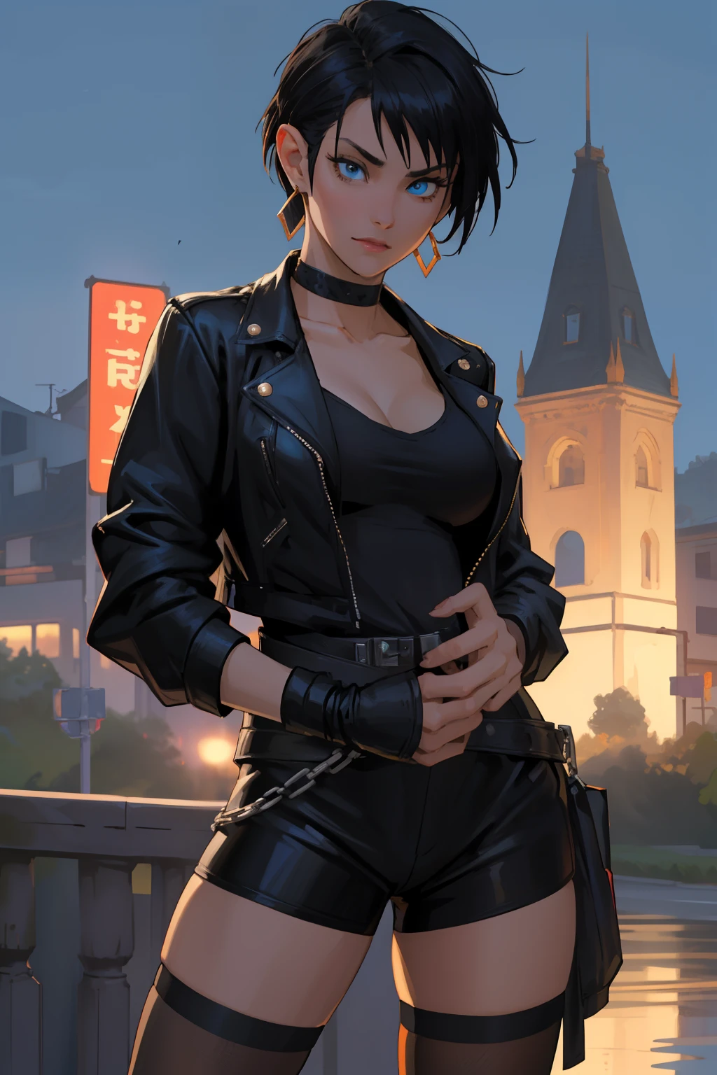 Beautiful 25 year old woman, Black Hair, Bobcut, blue eyes, Big Breasts, Shiny Hair, Choker on neck, leather jacket, With San Francisco in the background, transformation, Evil Aura, night, Earrings, Fishnet tights, detailed, masterpiece, High resolution, (Perfect hands).