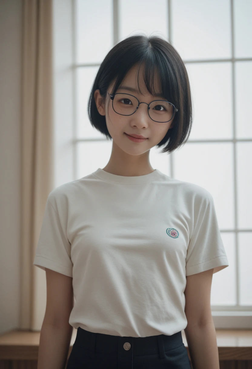 Detailed face,Asian,slender,black hair,very short hair,small breasts,shirt,Glasses,light smile,upper body,room