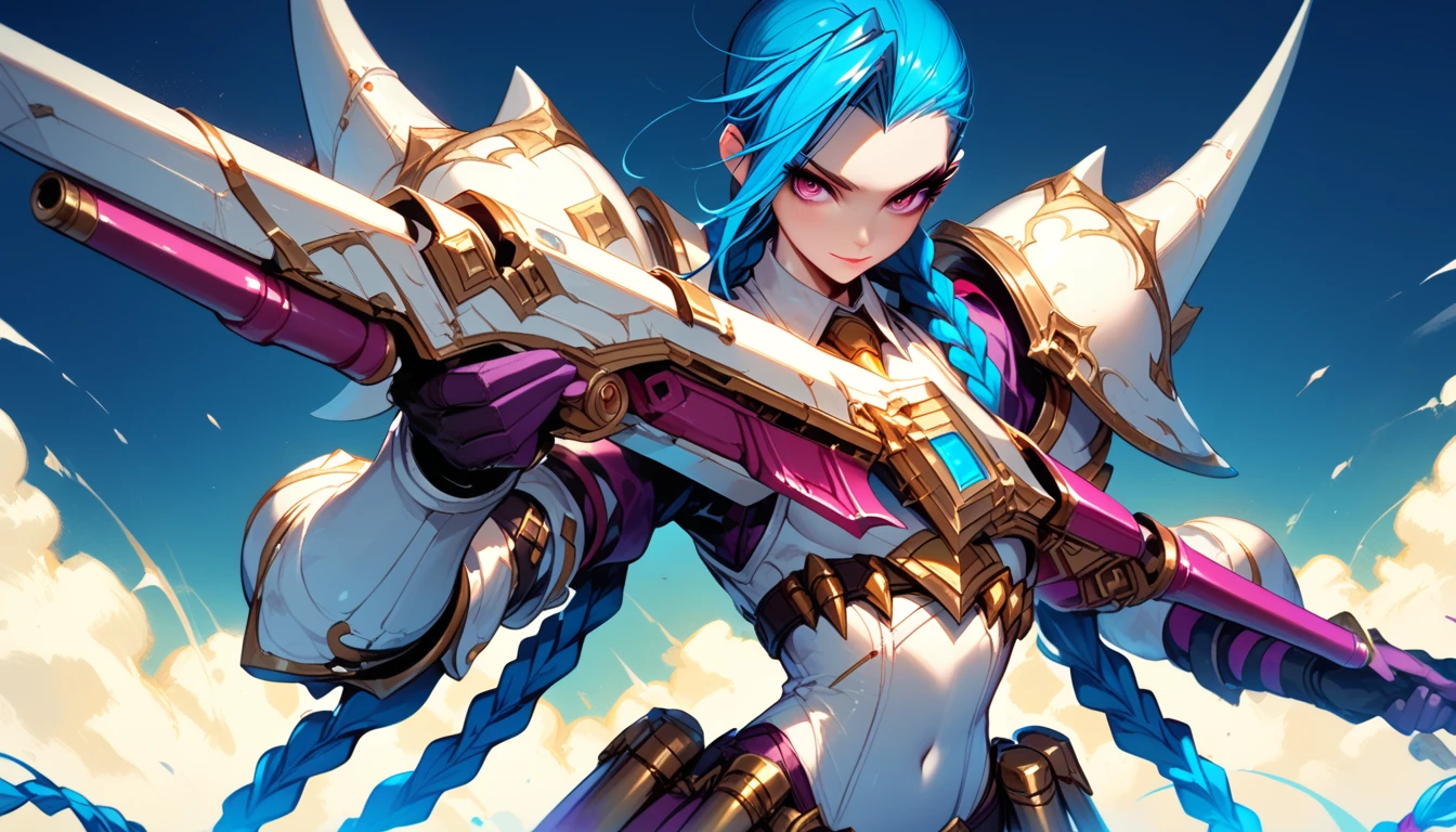 score_9, score_8_up, score_7, a picture of  JInx from League Of Legends in a white mech armor holding a massive gun with yellow runes on it, hkstyle