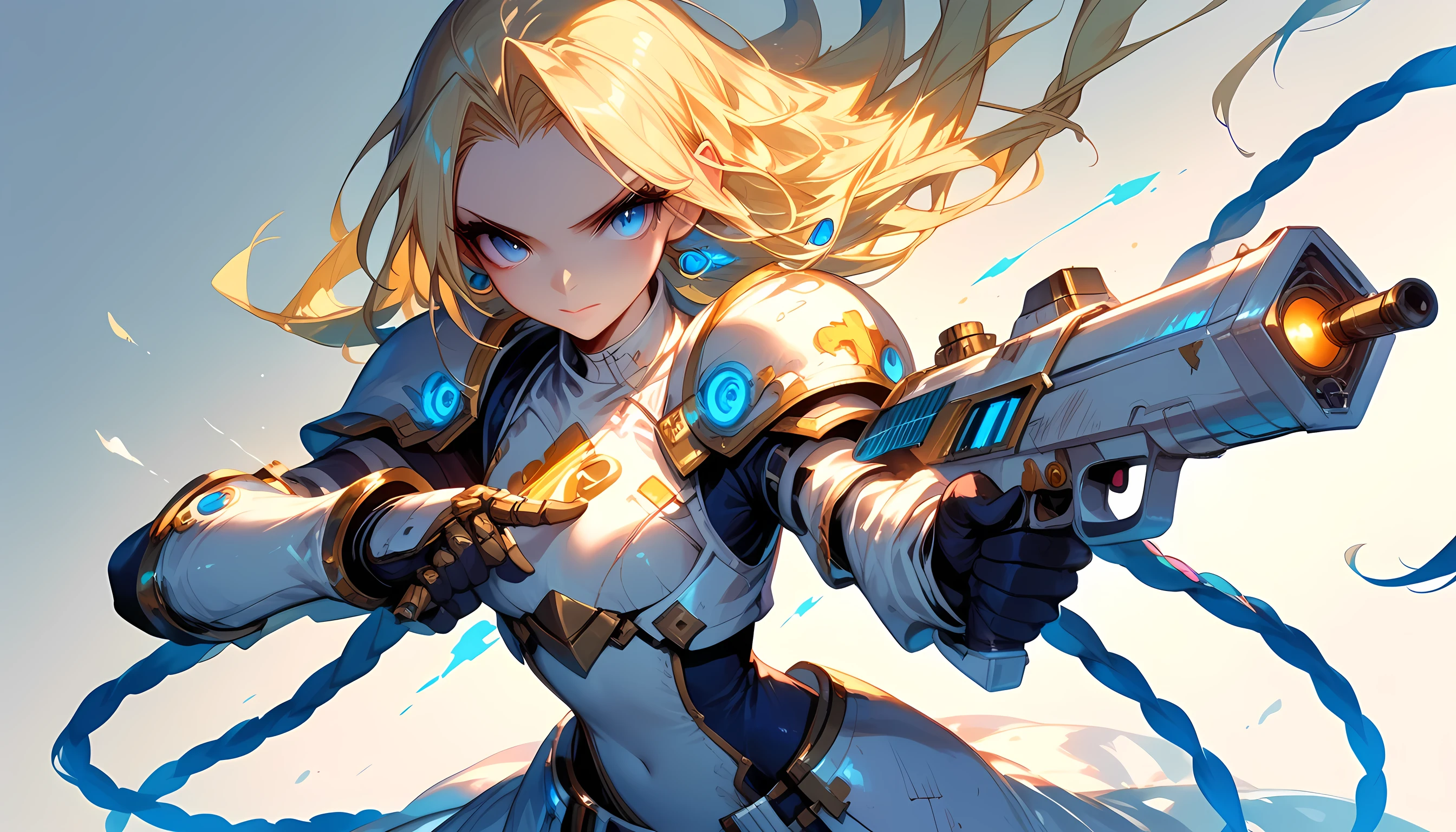 score_9, score_8_up, score_7, a picture of  JInx in a white mech armor holding a massive gun with yellow runes on it, hkstyle