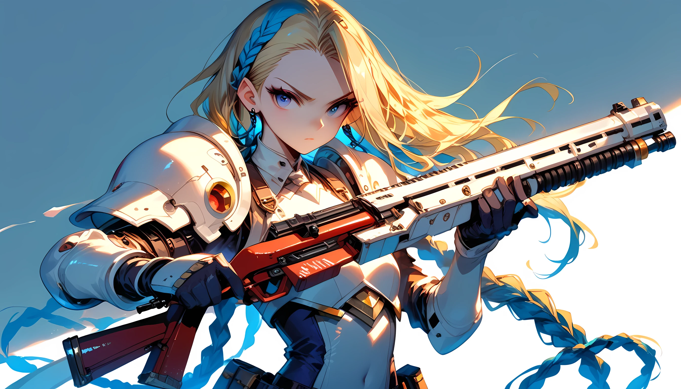 score_9, score_8_up, score_7, a picture of  JInx in a white mech armor holding a massive gun with yellow runes on it, hkstyle