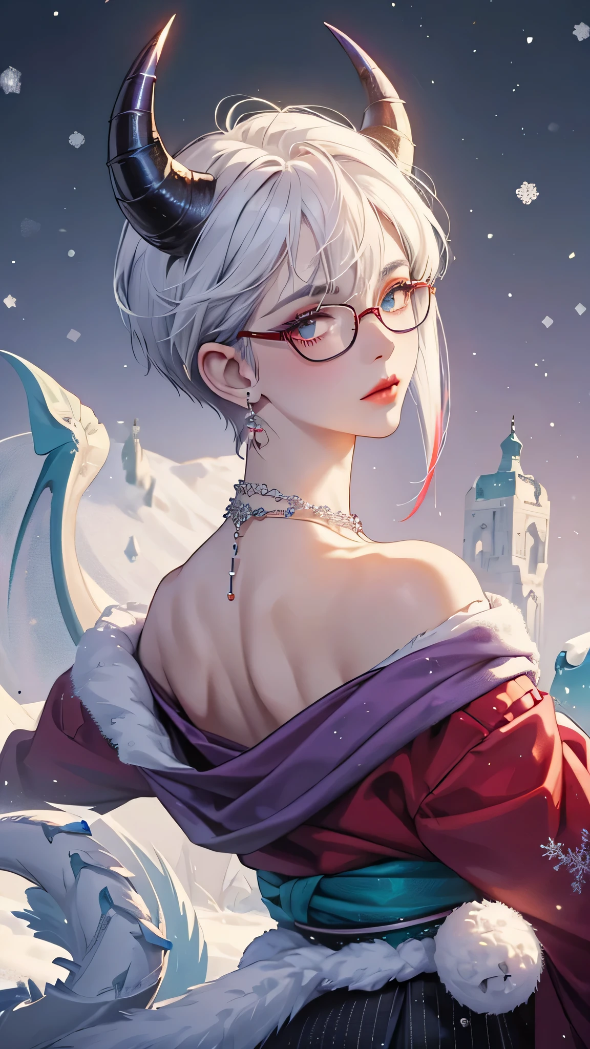8k, masterpiece, best quality, highly detailed, 1 girl, devil, demon horns, warlock, pixie cut, white hair, multicolored hair, very short straight hair, red highlight hair on white hair, stippled hair, wearing glasses, round glasses, earrings, red eyeshadow, long eyelashes, blushed cheek, red lips, pearl necklace, rings, collarbone, mole on face, glamorous, teal and purple kimono, expressionless, close up view, rings, looking at viewer, standing, frost, death, winter, snow strom, bone, dragon in background, tundra, turning back, back facing viewer, looking over shoulder.