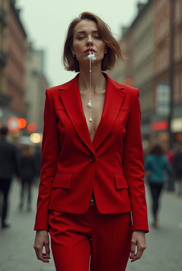 (8k, Best Quality, Masterpiece, Realistic, Photorealistic, Ultra Detailed:1.3), (1girl, pretty Japanese), (suit jacket, skinny pantsuit:1.3), Smile, (huge breasts, cleavage), (naked, topless:1.3), (crowd), bangs, navel, (narrow waist, full body, thin long legs, high heels:1.2), necklace, wristwatch, bag, fashion model posing,