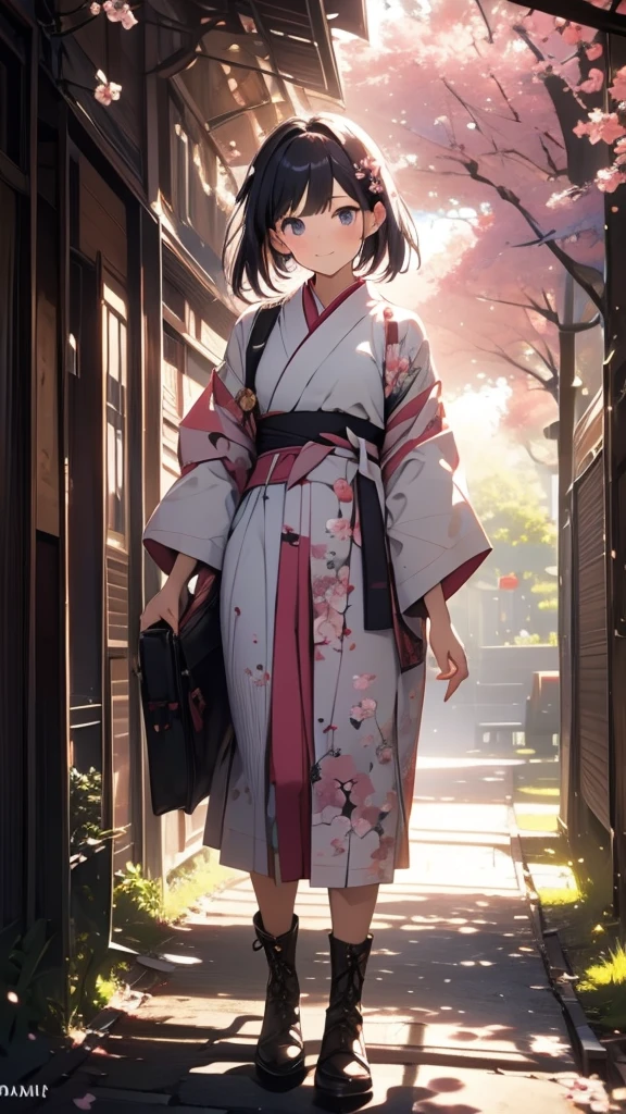 sfw,最高masterpiece,Best Quality,  OFFICIAL ART, Advertising Photos,masterpiece,(1 person:2.0),  Neutral Male ,Dress neatly,(7 heads), Black Hair ,( short bob cut hair),(Cherry blossom pattern furuncle ),(Purple Hakama, beautiful gradation hakama),Maxi length hakama , obi shaped like a flower,pink belt , brown lace up boots ,Cherry blossom trees,standing,smile, soft lighting ,Hair accessories