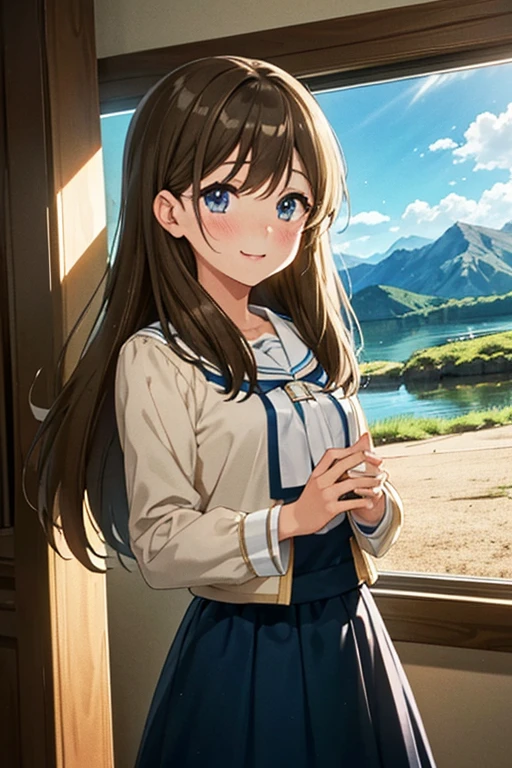  annegas no、 shiny brown hair, , ( Beautiful Brown Eyes 、Sparkling Eyes, fine grain)、smile、 super detailed eyes 、 very detailed顔,  very detailed目,Cowboy Shot 1 Girl ,   happy expression ,  charming eyes , Straight hair ,  Flowing Skirt , big, Gazing at the Sun,  Calm Posture ,  porcelain-like skin  , A faint blush,  Crystal Pendant BREAK Golden Hour, ( edge lighting ): 1.2, Cool colors, Solar flare, Soft Shadows,  bright colors , Paint Effects,  Amazing Atmosphere 、rest、Beautiful lake, Distant Mountain々, loose, Summit, reflection, Sunlit clouds,  quiet atmosphere, Idyllic sunrise,  very detailed,  OFFICIAL ART, Unified 8K wallpaper, [    "Intertwined, Mandala