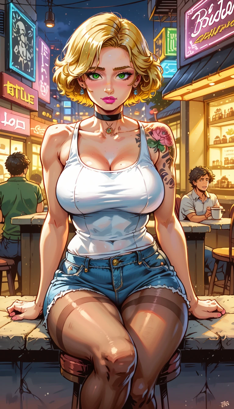 Image of a girl:( long blond hair , blonde hair), highly detailed green eyes  ,  thick thighs ,  curvy body ,  lush breasts ,  tanned skin ,  curvy hips  ,pink lipstick

Suit : black choker,white tank top with flower print , tattoo,short ultra short fitted short denim shorts  , black pantyhose , 

Pose:  Sitting with her legs crossed on the outdoor coffee shop chair,  hand to chin

 In the boho chic style , in a café,  multicolored neon lights,  neon garlands , , mixed language_SMS, Japanese graffiti , (beautiful and clear background:1.2),, fantastic paintings ,graphite style,  with ultra-fine details , masterpiece,  best quality ,  high quality,  High resolution, detail enhancement, ((most beautiful image  in the world)), masterpiece,  best quality ,  high quality,  High resolution, detail enhancement, ((most beautiful image  ), , art by stjepan sejic, arte de j scott campbell,  art by Guillem March , arte de citemer liu, 4K,  High resolution,  comic book  book character,  comic book ,  high quality detalhado, style of ::2. Illustration style 0 Comix ,estilo tattoo,  high quality,  High resolution, detail enhancement, 8k, HD,  best quality ,  high quality,  High resolution, detail enhancement, 8k, HDR, Sharp Focus, Ultra Detailed,  Perfect lighting , 
