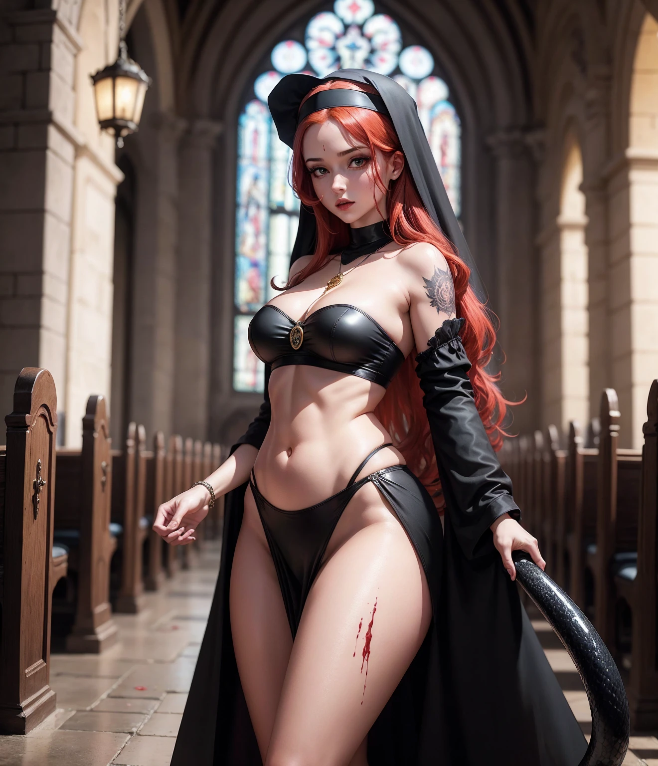 Uma red-haired deslumbrante vestida como a Ceifadora Sombria,  full body , very detailed, hard disk, ULtra HD , long hair, exy, holding several snakes, tattooed, Beautiful body, Ultra HD, with blood splattered, praying A nun, red-haired,  red hair, wavy hair, Black Lipstick, black eyes, high, very beautiful, in the church, full quality, HD, Ultra HD, 8k, realistic, THE GOTHIC , Beautiful body, very beautiful, wearing thong panties, leather panties, CAMEL FINGER, strapless bra, COVERED NECK, black cover, golden pendant, SHOWING BELLY, wide hips, pink face,  perfect makeup ,  green-eyed,  big eyes , beautiful face, in a church, nun, linda,  hottie.