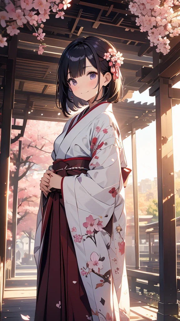 sfw,最高masterpiece,Best Quality,  OFFICIAL ART, Advertising Photos,masterpiece,(1 person:2.0),  Neutral Male ,Dress neatly,(7 heads), Black Hair ,( short bob cut hair),(Cherry blossom pattern furuncle ),(Purple Hakama, beautiful gradation hakama ),Maxi length hakama , obi shaped like a flower,pink belt , brown lace up boots,Cherry blossom trees,standing,smile, soft lighting ,Hair accessories