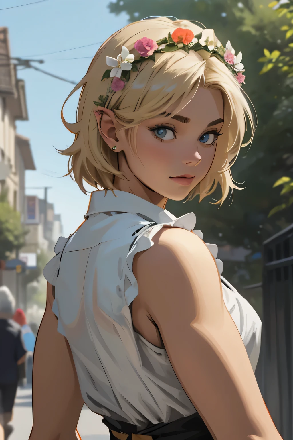 hyper-realistic  of a mysterious woman with flowing blond hair, piercing gray eyes, and a delicate floral crown, backwards, looking back , upper body