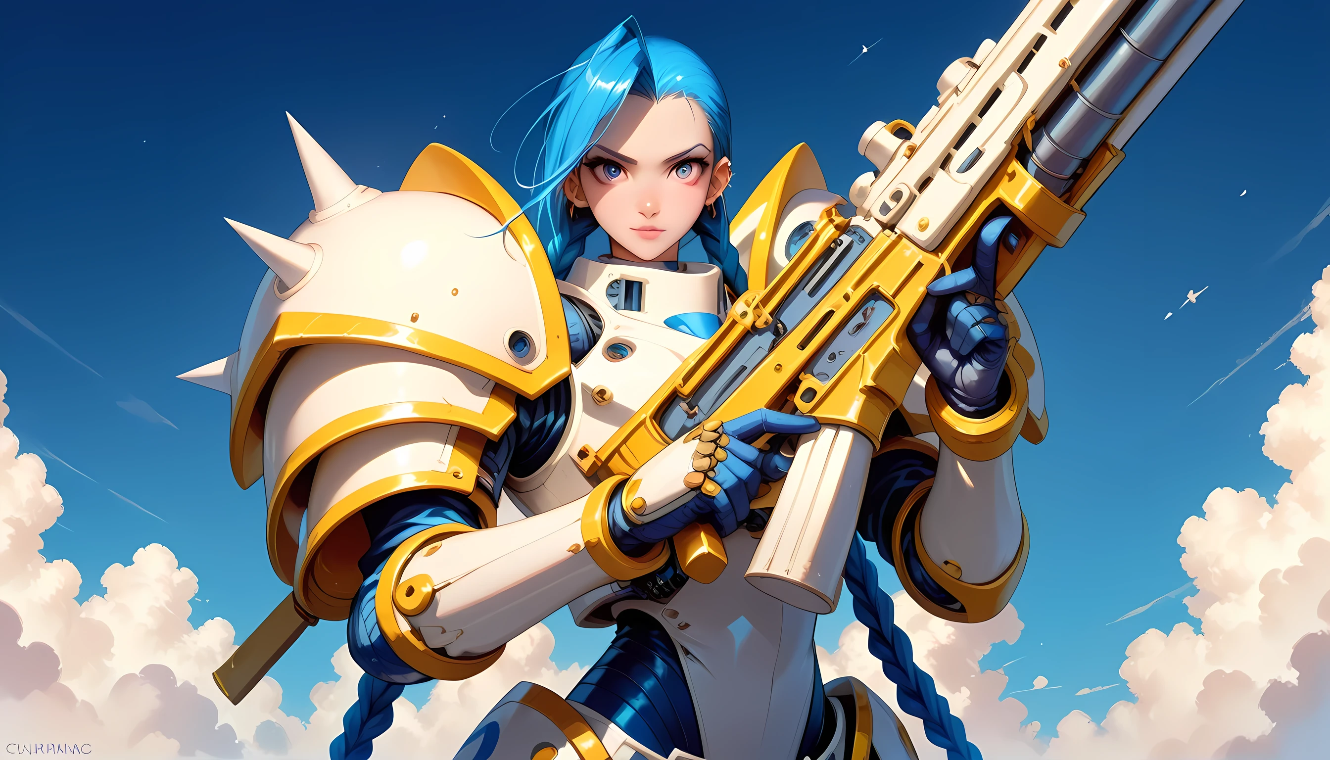 score_9, score_8_up, score_7, a picture of  JInx in a white mech armor holding a massive gun with yellow runes on it, hkstyle