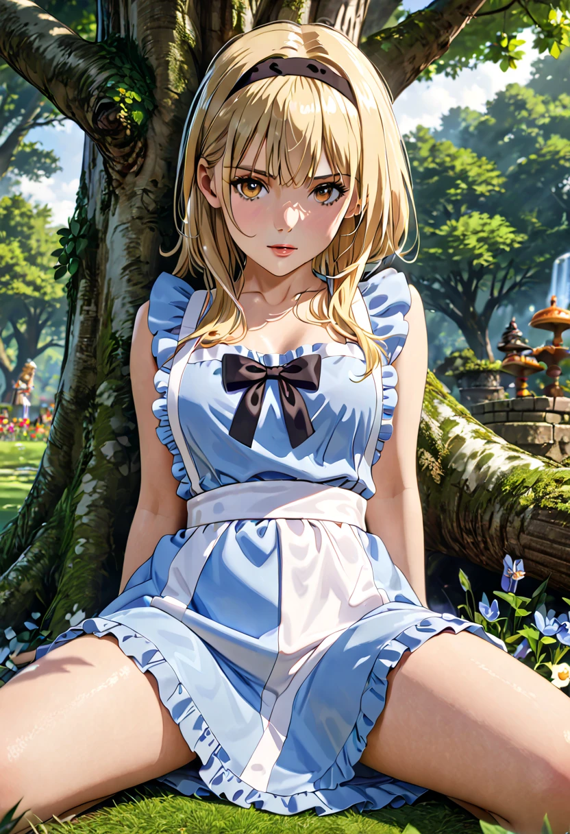 Very Sensual blonde Alice, light blue Sensual dress with white apron on the front, Revealing dress small ,  black hair band with a bow on it ,  perfect body , Sensual, erotic,  sat by a tree in Wonderland, (best quality,4K,8k, highres icon,masterpiece:1.2),ultradetailed,(realistic, photorealistic , photorealistic :1.37), HDR, Ultra HD,  studio lighting , nsfw, uncensored, Porn, adult content,  explicit 