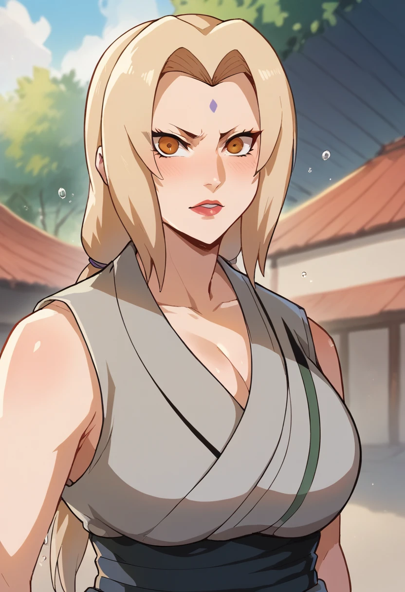 Tsunade from the anime Naruto, in a Japanese anime style. She is close to the camera, looking directly at it with an authoritative expression and a hint of disdain.Tsunade is captured in the moment of spitting directly at the camera, with visible droplets mid-air for a realistic, dynamic effect, as if the viewer is right in front of her. The background is blurred to keep the focus entirely on her expression and action.