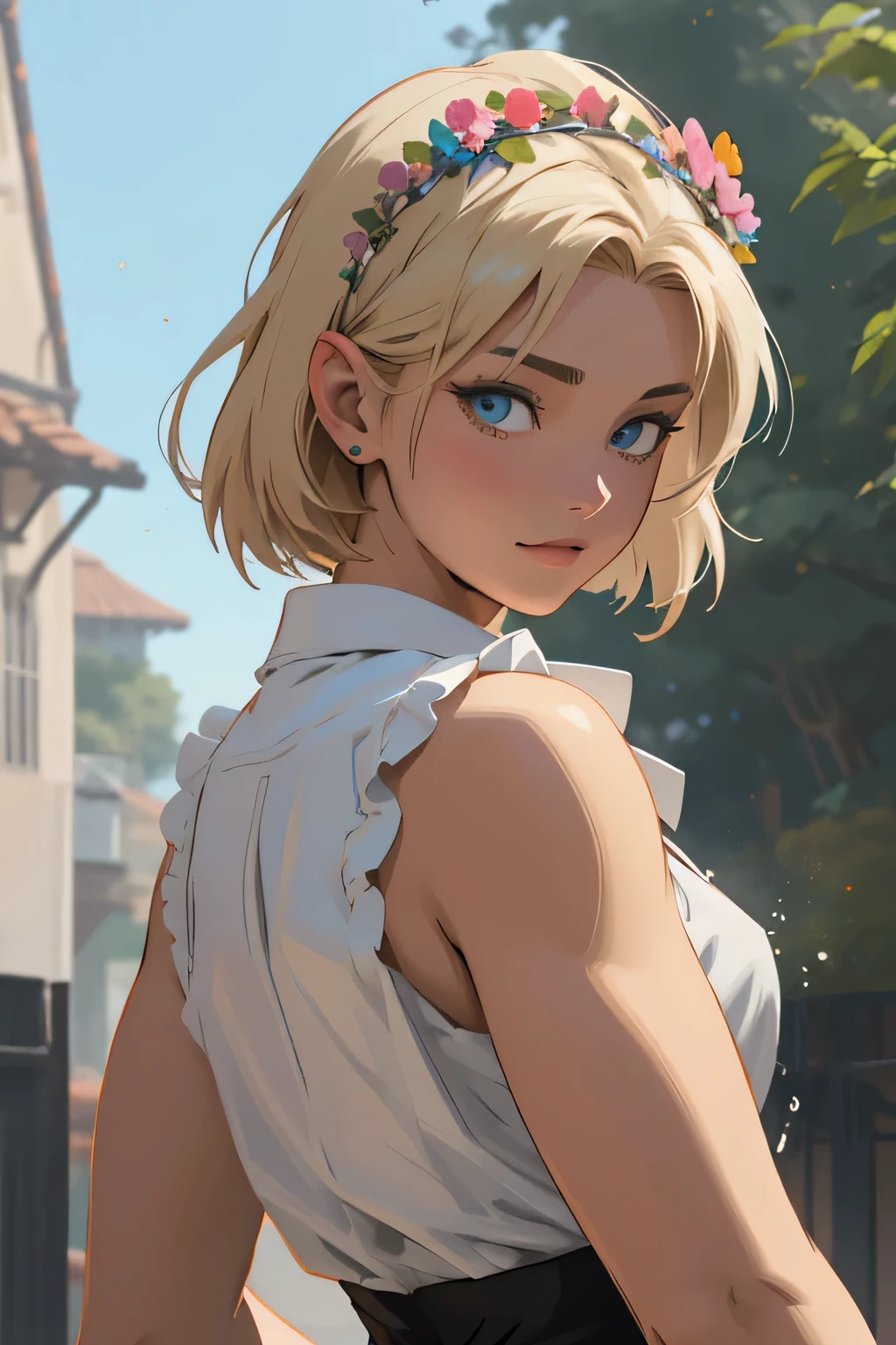 hyper-realistic  of a mysterious woman with flowing blond hair, piercing gray eyes, and a delicate floral crown, backwards, looking back , upper body masterpiece, best quality, (extremely detailed CG unity 8k wallpaper, masterpiece, best quality, ultra-detailed, best shadow), (detailed background), (beautiful detailed face, beautiful detailed eyes), High contrast, (best illumination, an extremely delicate and beautiful),1girl,((colourful paint splashes on transparent background, dulux,)), ((caustic)), dynamic angle,beautiful detailed glow,full body, paint splash on face.  close up of a woman, anime girl with red long hair and blue jeans posing for a picture, realistic anime 3 d style, android 18, seductive anime girl, anime realism style, attractive anime girl,beautiful alluring anime woman, looking like Makima