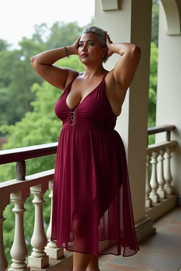 A 60-year-old, plus-size chubby Sri lankan mom with long,  pixie grey hair wears a bust revealing low cut burgundy sheer transparent thigh-high deep cut skater mini bust enhanced babydoll WITH STRAPPY RED HIGH HEELS. She stands on a balcony overlooking lush green scenery, with natural light highlighting her dignified pose and relaxed smile. Hands raised and rested on her head, body side on, side on angle, looking towards camera over the shoulder. She is wearing an elegant make up