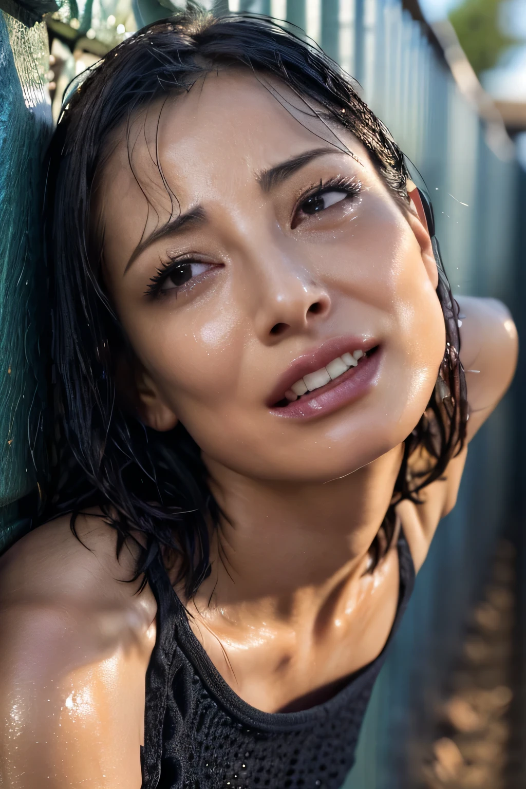 Tabletop,Awards - Winning Photos, Very detailed, Edge Orgasm, Woman with open mouth and closed eyes , Deeply chiseled face、((Tank top))、A long nose with a pointed point,,,Strong Nose、Long, narrow nostrils、Sweaty skin、Skin shiny with sweat、Lighting that highlights the shine of sweat{Realistic nostrils}, Black-haired,Shapely breasts、Inside the camping tent、From below,((Remote controllerler, Remote controller,))((Orgasm Expression))