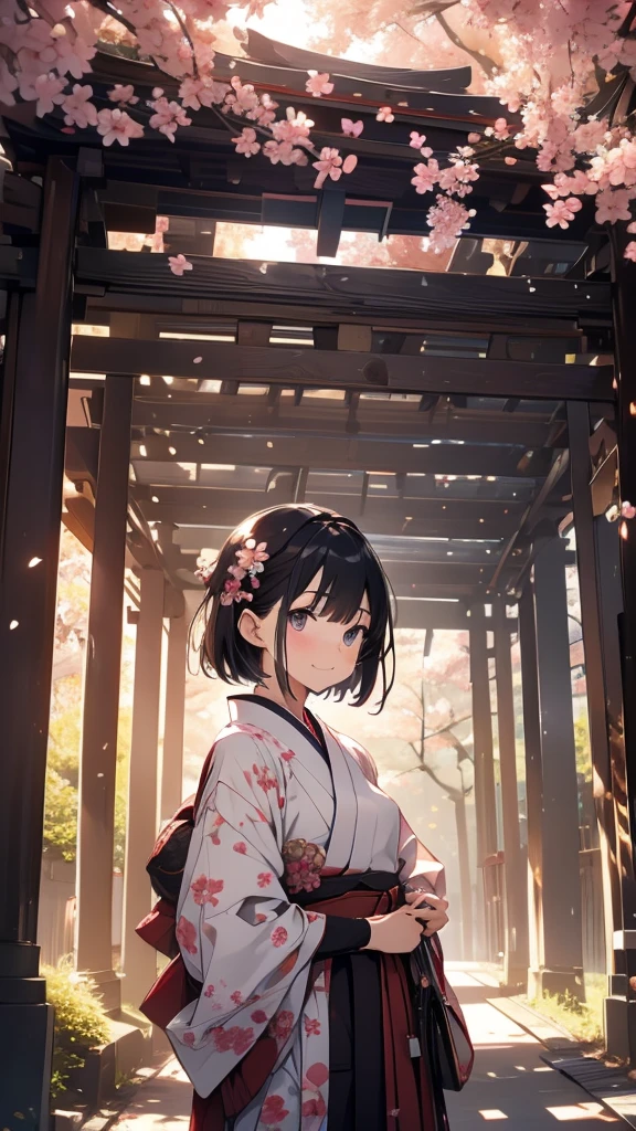 sfw,最高masterpiece,Best Quality,  OFFICIAL ART, Advertising Photos,masterpiece,(1 person:2.0),  Neutral Male ,Dress neatly,(7 heads), Black Hair ,( short bob cut hair),(Cherry blossom pattern furuncle ),(Purple Hakama, beautiful gradation hakama),Maxi length hakama , obi shaped like a flower,pink belt , brown lace up boots ,Cherry blossom trees,standing,smile, soft lighting ,Hair accessories