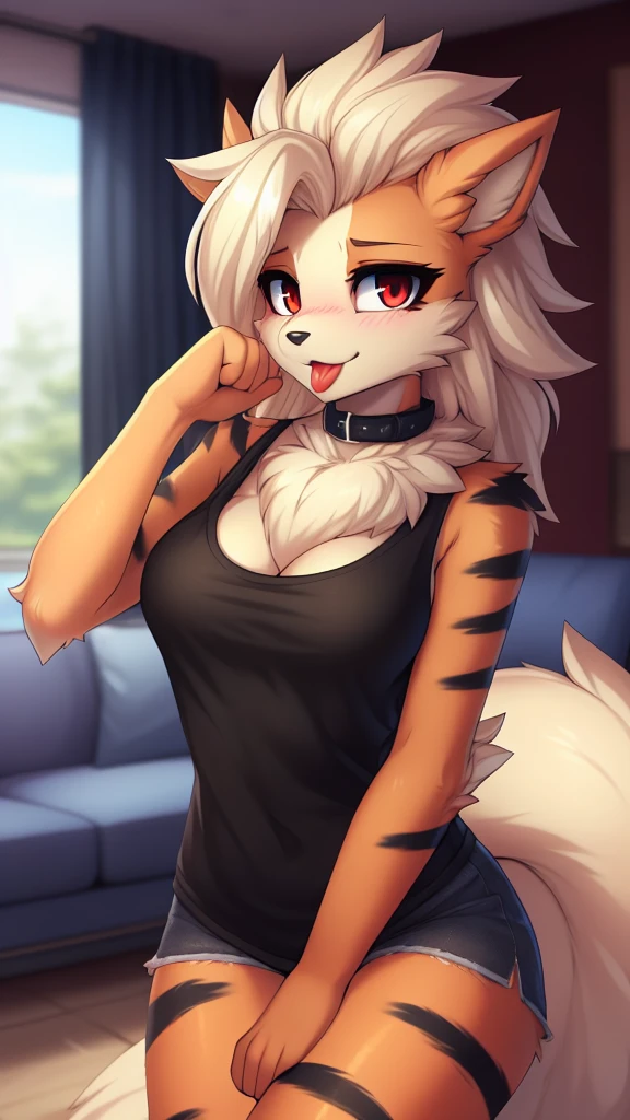 By zinfyu,by twistedscarlet60, uploaded on pixiv, by fluff-kevlar, (masterpiece), (best quality), (solo female:1.2), (extremely detailed:1.3),(detailed eye,black circle on eye,red eye), arcanine,Hourglass_body, using lipstick, human lips, red lips,has hair pony, hair pony, view on viewer,  shy face, black tanktop, bare shoulder, black short, Fullbody t-shirt, medium breast, focus on face, in home living room,  beautiful eyebrow,soft eyebrow, shy, blush, wearing black collar,  closeup face, paw pose, tongue out