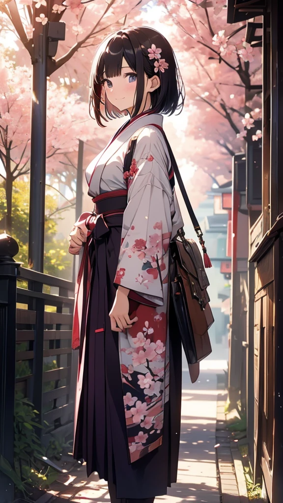 sfw,最高masterpiece,Best Quality,  OFFICIAL ART, Advertising Photos,masterpiece,(1 person:2.0),  Neutral Male ,Dress neatly,(7 heads), Black Hair ,( short bob cut hair),(Cherry blossom pattern furuncle ),(Purple Hakama, beautiful gradation hakama),Maxi length hakama , obi shaped like a flower,pink belt , brown lace up boots ,Cherry blossom trees,standing,smile, soft lighting ,Hair accessories