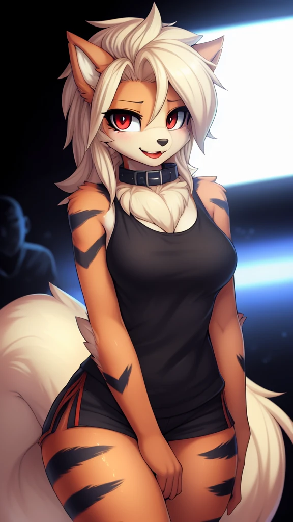 By zinfyu,by twistedscarlet60, uploaded on pixiv, by fluff-kevlar, (masterpiece), (best quality), (solo female:1.2), (extremely detailed:1.3),(detailed eye,black circle on eye,red eye), arcanine,Hourglass_body, using lipstick, human lips, red lips,has hair pony, hair pony, view on viewer,  shy face, black tanktop, bare shoulder, black short, Fullbody t-shirt, medium breast, focus on face, at cinema,  beautiful eyebrow,soft eyebrow, shy, blush, wearing black collar,  closeup face, excited