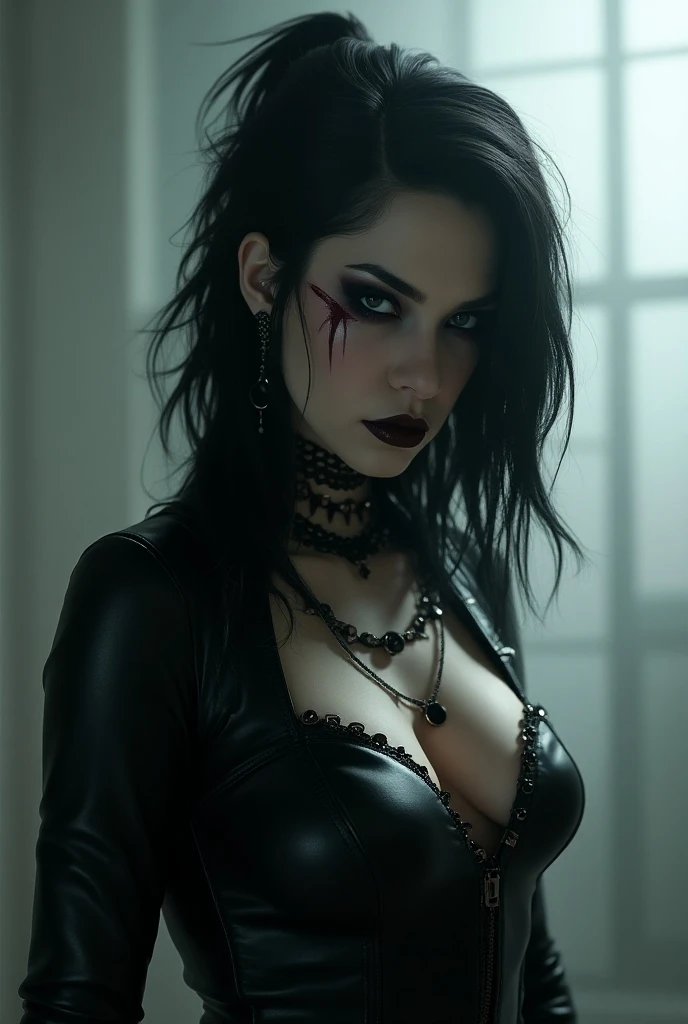 Rocker Nun, tattoos, black lips, white skin, black hair, muscle body, (brown glowing shiny eyes), dynamic background, painting style, beautiful detailed intricate insanely detailed octane render trending on artstation, 8 k artistic photography, photorealistic anime art.