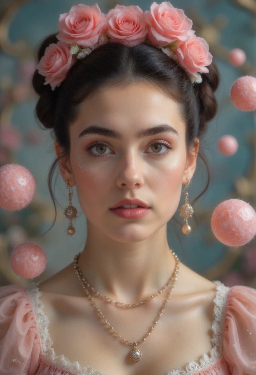 Young woman in surreal style,  fantastic environment , The details of the eyes and lips are exquisite , French bubble gum floating around,  Inspired by Frida Kahlo's art, masterpiece,  best quality, 8K,  High Res,  super detailed, photorealistic,  vivid colors ,  Studio Lighting ,  Professional 