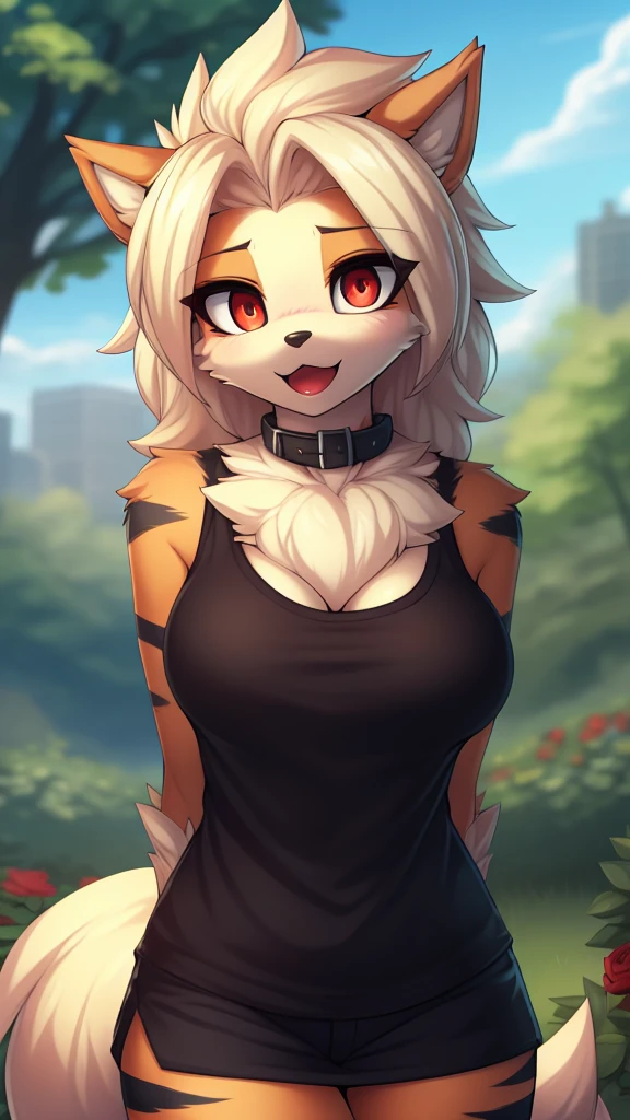 By zinfyu,by twistedscarlet60, uploaded on pixiv, by fluff-kevlar, (masterpiece), (best quality), (solo female:1.2), (extremely detailed:1.3),(detailed eye,black circle on eye,red eye), arcanine,Hourglass_body, using lipstick, human lips, red lips,has hair pony, hair pony, view on viewer,  shy face, black tanktop, bare shoulder, black short, Fullbody t-shirt, medium breast, focus on face,   beautiful eyebrow,soft eyebrow, shy, blush, wearing black collar,  closeup face, excited, at rose garden, rose flower, bush, :o mouth