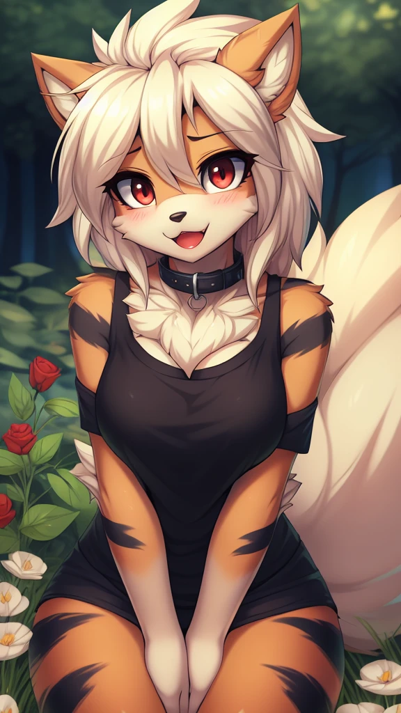 By zinfyu,by twistedscarlet60, uploaded on pixiv, by fluff-kevlar, (masterpiece), (best quality), (solo female:1.2), (extremely detailed:1.3),(detailed eye,black circle on eye,red eye), arcanine,Hourglass_body, using lipstick, human lips, red lips,has hair pony, hair pony, view on viewer,  shy face, black tanktop, bare shoulder, black short, Fullbody t-shirt, medium breast, focus on face,   beautiful eyebrow,soft eyebrow, shy, blush, wearing black collar,  closeup face, excited, at rose garden, rose flower, bush, :o mouth