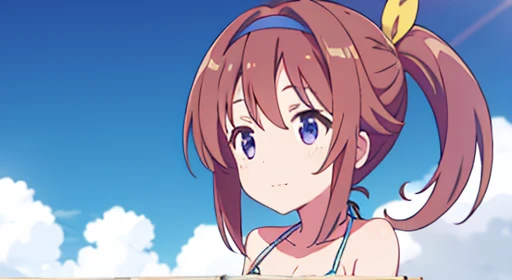 Masterpiece, Best Quality, 1 girl, Alone, long_Hair, Horse tail, looking_in_viewer, blush, SMILE, Hairband, disaffiliated_pop, one side up, Closed mouth, purple_Hair, Bikini, :3, simple_bottom, big breasts,