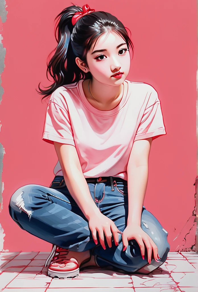  girl staring at audience , ,  Kneeling , t-shirt, jeans, barefoot,  Crude pencil sketch drawn with incubation technique , centering, (白色background)),  Masterpiece
drawix6 (( fingernails with ] red color#Pink ))((The nails on the hands and feet have red nail polish))((background: Tiffany Green漸層潑墨方式飛濺在background))， Fragmentary Art 