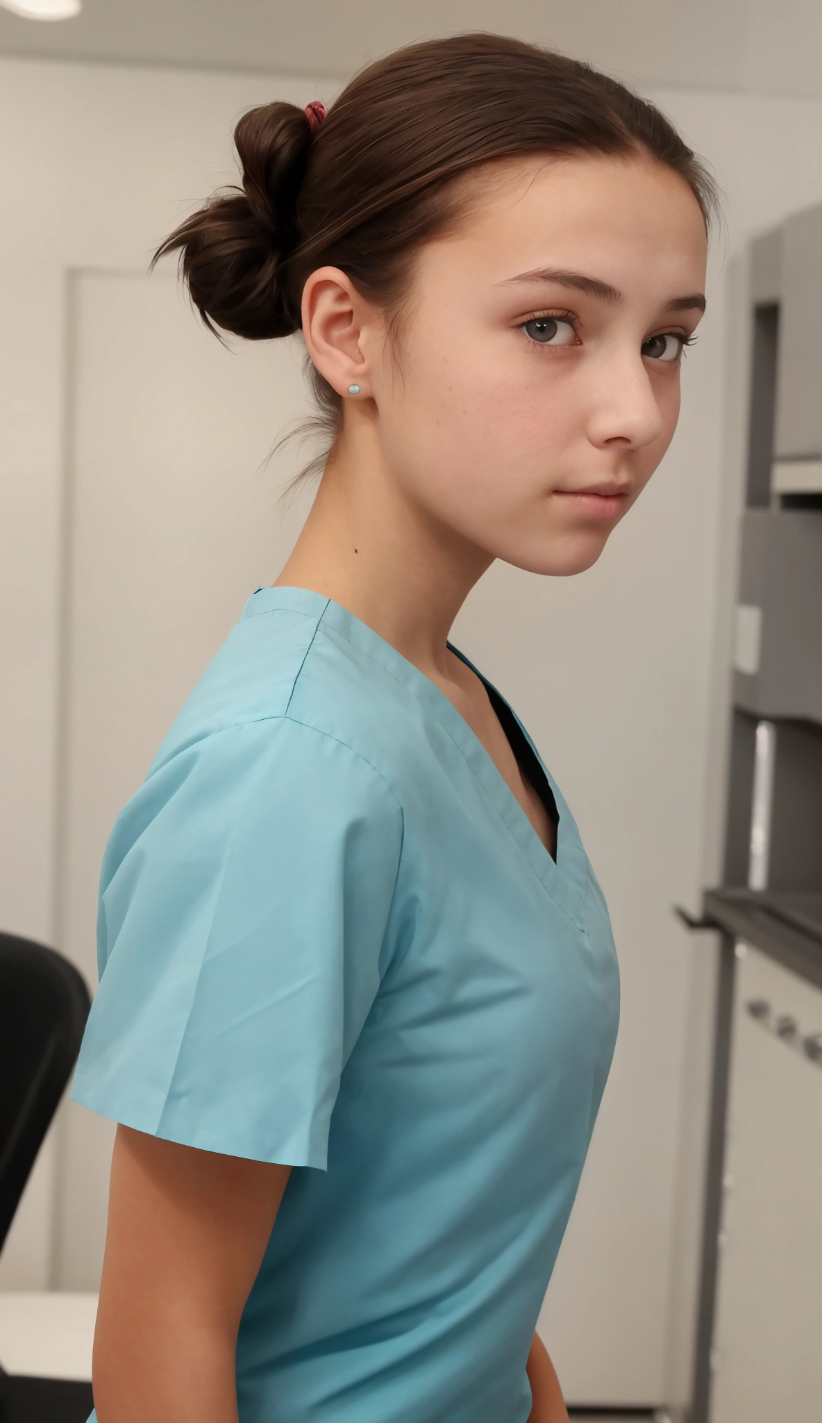 french ager girl, , face from exact front perspective, face from exact front perspective, wearing teal surgical scrubs, short hair tied in a bun / chignon