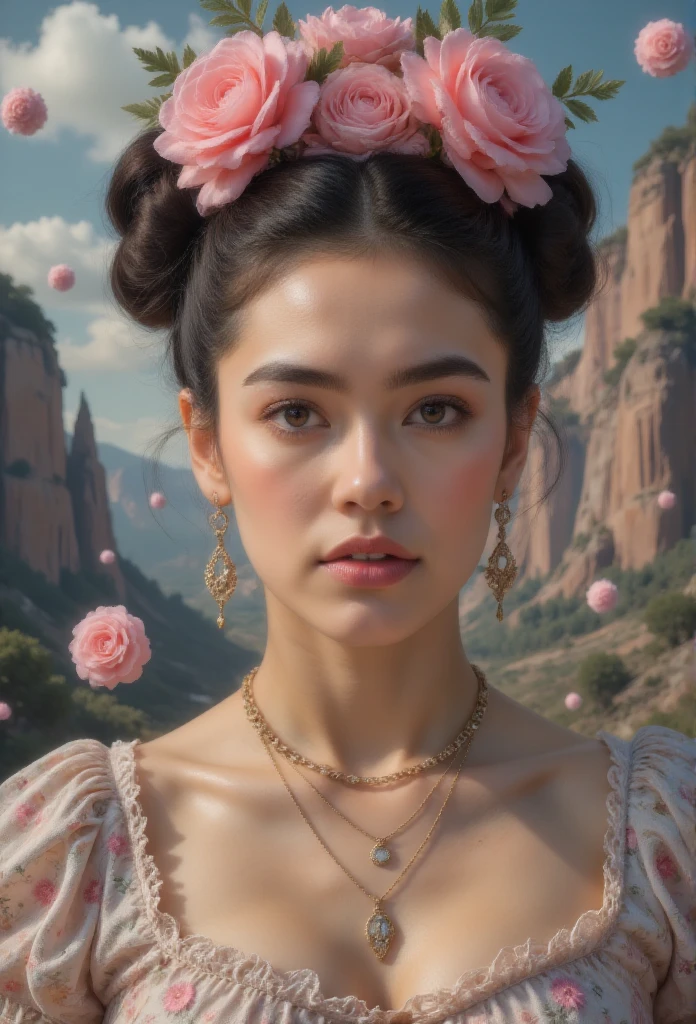 Young woman in surreal style,  fantastic environment , The details of the eyes and lips are exquisite , French bubble gum floating around,  Inspired by Frida Kahlo's art, masterpiece,  best quality, 8K,  High Res,  super detailed, photorealistic,  vivid colors ,  Studio Lighting ,  Professional 