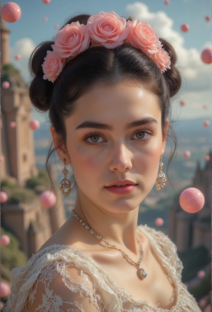 Young woman in surreal style,  fantastic environment , The details of the eyes and lips are exquisite , French bubble gum floating around,  Inspired by Frida Kahlo's art, masterpiece,  best quality, 8K,  High Res,  super detailed, photorealistic,  vivid colors ,  Studio Lighting ,  Professional 