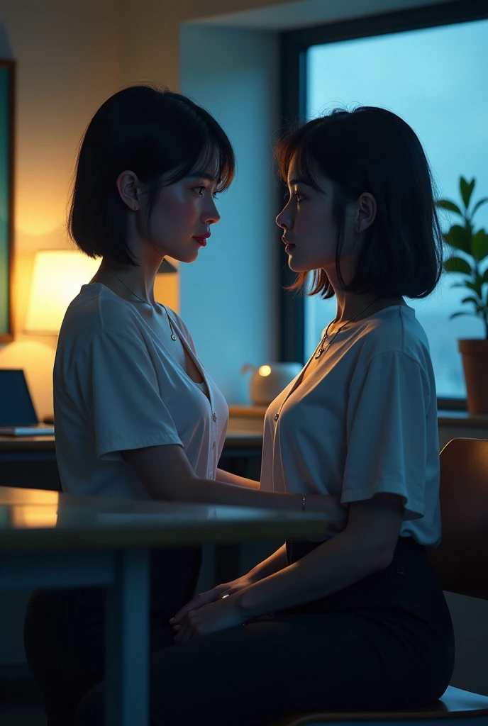 3Dcg,  Two Japanese female idols are doing a gravure shoot in a dark classroom at night 。One has short hair、The other one has medium bob hair style 。