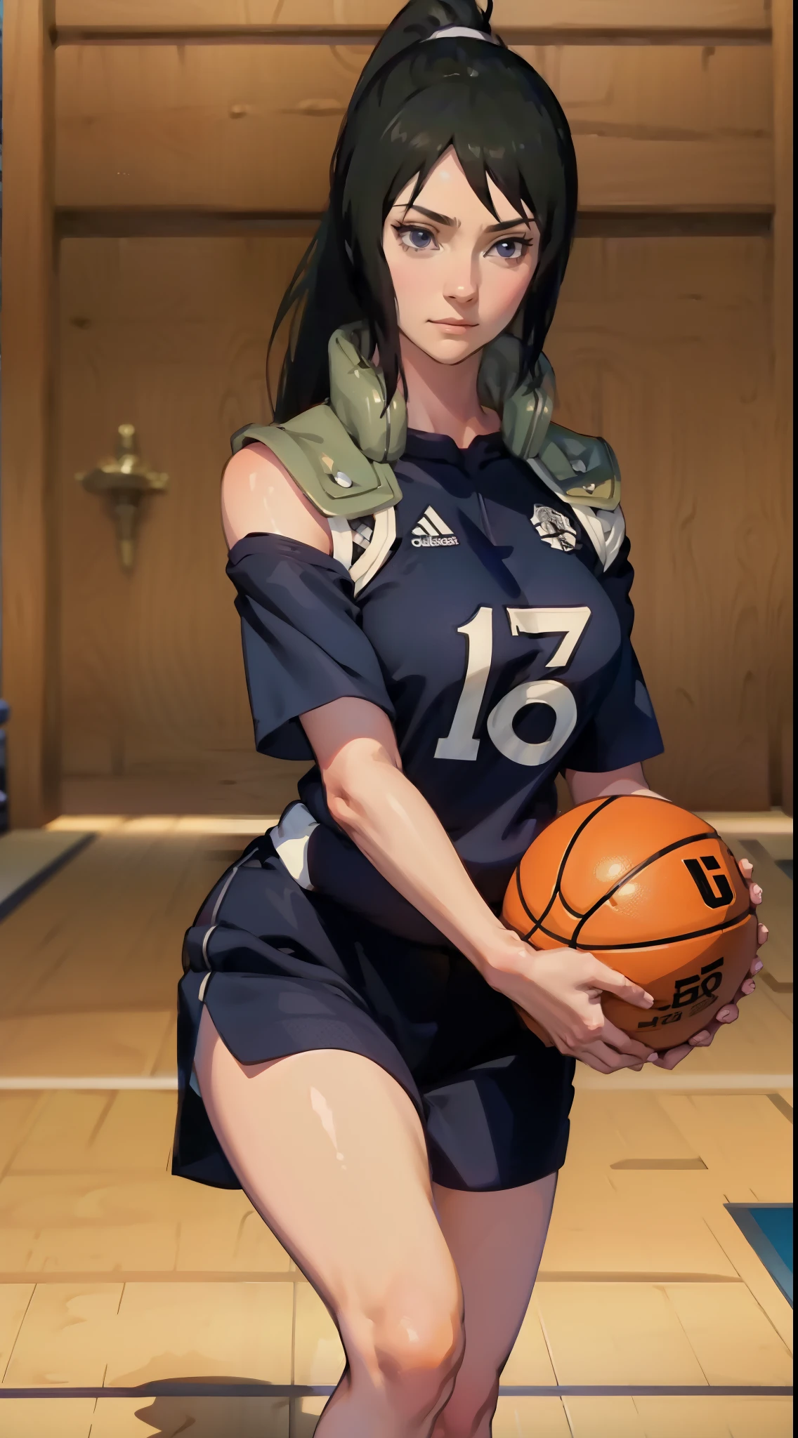 Shizune, long hair tied low, hair band, hana purple eyes, ponytail, beautiful, beautiful woman, perfect body, perfect breasts, wearing a basketball jersey, on the basketball court, holding a basketball, basketball hoop, looking at the audience, little smile, realism, masterpiece, textured skin, super detail, high detail, high quality, best quality, 1080p, 16k