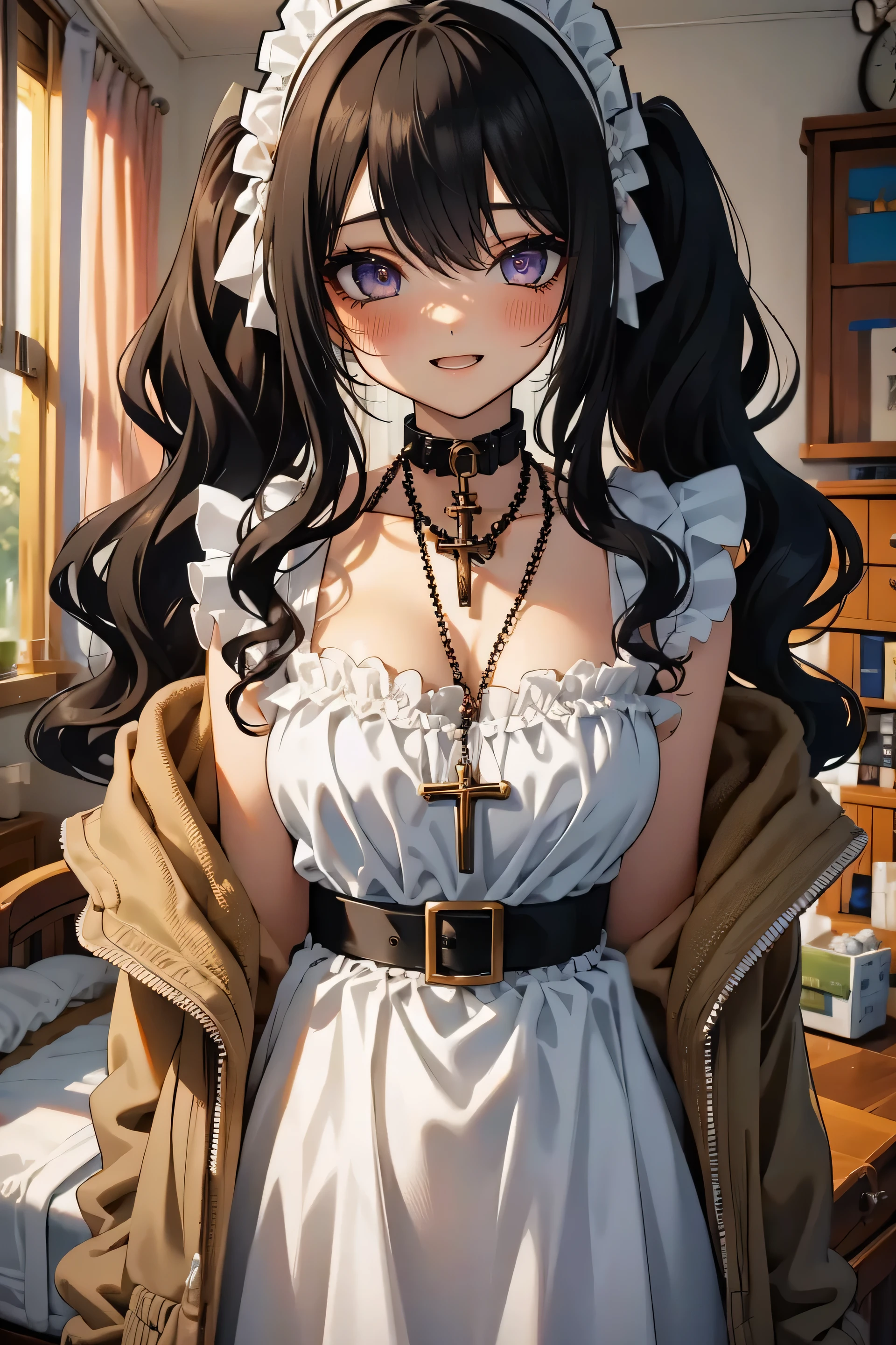 (masterpiece:1.2), (high quality:1.2), girls with(((1girl, solo, black hair, blue eyes, smiling, blush, opened mouth, maid headdress, wavy medium hair, right swept bangs, low twintail:1.3), maid, breasts, choker, cleavage, coat, cowboy shot, (white frilled dress:1.2), camisole, off-shoulder sleeves, bare shoulders, ribbon waist belt, collar, collarbone, rosary, rosary choker, cross, fur, khaki hoodie, green hoodie, hood down, hooded coat, hooded jacket, hoodie, jacket, large breasts, long sleeves, medium breasts, open clothes, open coat,open hoodie, sleeveless, winter clothes, zipper, cleavage, upper body, hand up, waving, palm)), background with((bedroom, room:2.0))