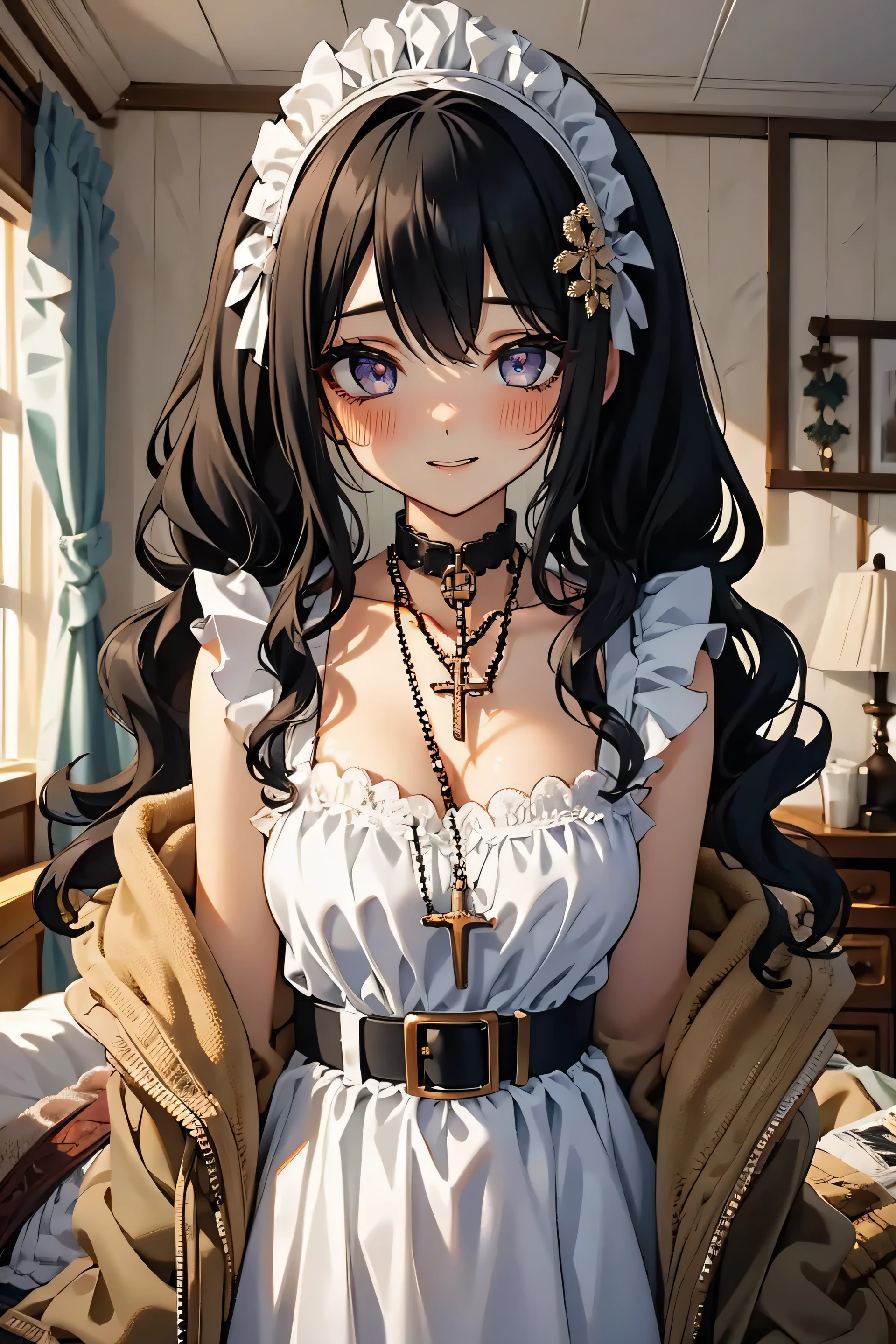 (masterpiece:1.2), (high quality:1.2), girls with(((1girl, solo, black hair, blue eyes, smiling, blush, opened mouth, maid headdress, wavy medium hair, right swept bangs, low twintail:1.3), maid, breasts, choker, cleavage, coat, cowboy shot, (white frilled dress:1.2), camisole, off-shoulder sleeves, bare shoulders, ribbon waist belt, collar, collarbone, rosary, rosary choker, cross, fur, khaki hoodie, green hoodie, hood down, hooded coat, hooded jacket, hoodie, jacket, large breasts, long sleeves, medium breasts, open clothes, open coat,open hoodie, sleeveless, winter clothes, zipper, cleavage, upper body, hand up, waving, palm)), background with((bedroom, room:2.0))