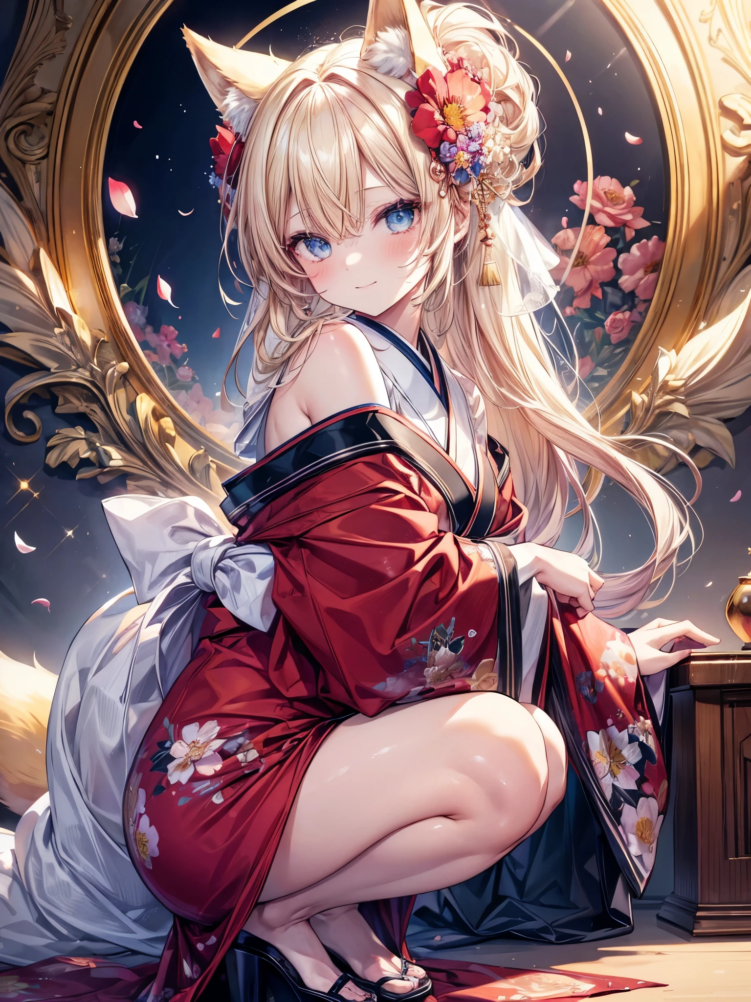 One blonde girl、red eyes、Bright red kimono、off shoulders