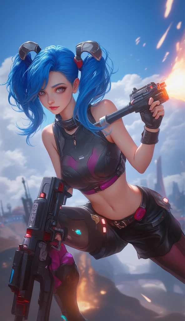 (Best Quality, very detailed depiction, incredible high resolution,High quality anime drawings),Jinx,LOL,League of Legends,Big Weapons,cannon, Action Poses Like a Sci-fi Hero Show 