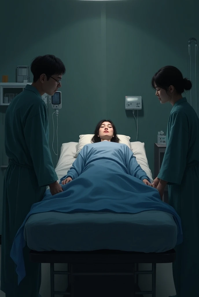 Create an image of a woman lying on a hospital gurney crying looking at her crying family holding her hand,while a man in black clothes comes out of the corner of the rooms without being able to see his face