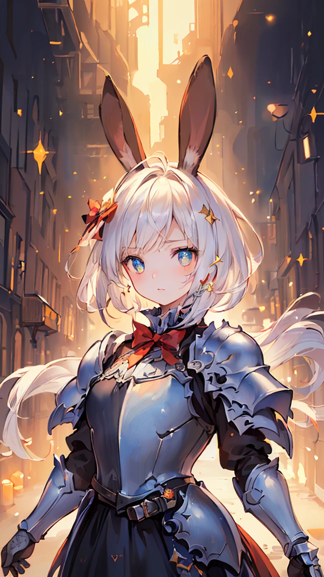 (((Best quality, 8k, Masterpiece: 1.3)), ((best quality)), ((masterpiece)), (detailed), perfect face, perfect body, (detailed skin:1.3), (intricate details), cinematic lighting, sparkle, glowing light, rabbit ears, hime cut, white hair, hair bow, ribbon, pupils sparkling, tareme, (knight wearing steel armor), cowboy shot