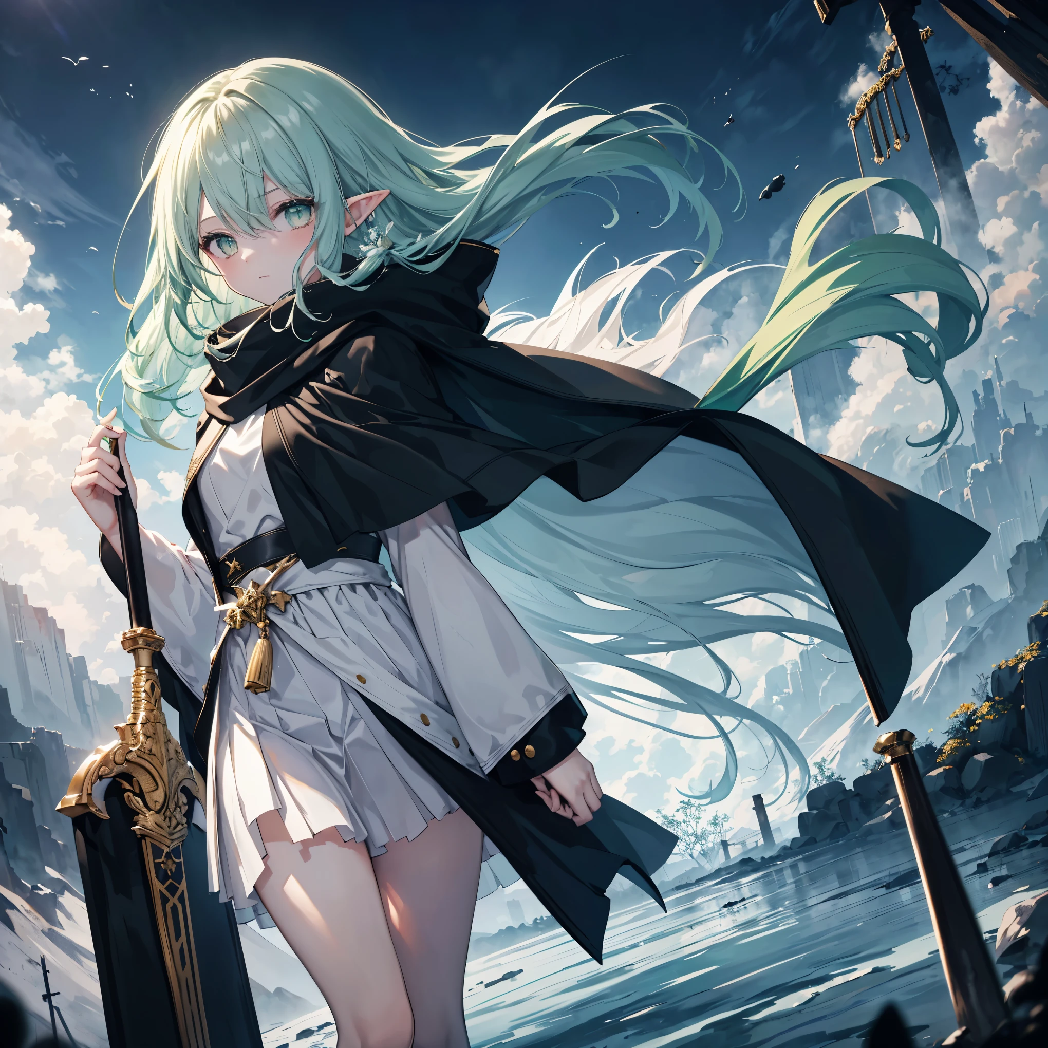      high quality, masterpiece,  Delicate hair  ,   DELICATE EYES FULL OF DECISION ,  Delicate hair  , ((masterpiece, 最     high quality)),      high quality, masterpiece,  Delicate hair  ,   girl  ,( Light green hair)),((gold eyes)), Daikon,Long Hair,Elf Ears,(  Black Longsword   ),(loose Long Hair),((Black Cape)),(Cape Hood,  black miniskirt),(Red Stove    ),scarf,Moon in the Sky, knight ,   floating yellow flower autumn ,      Strong Shadows     ,Ash,,ice,((Ink wAsh painting)),((ink splAshing)),((color splAshing)),