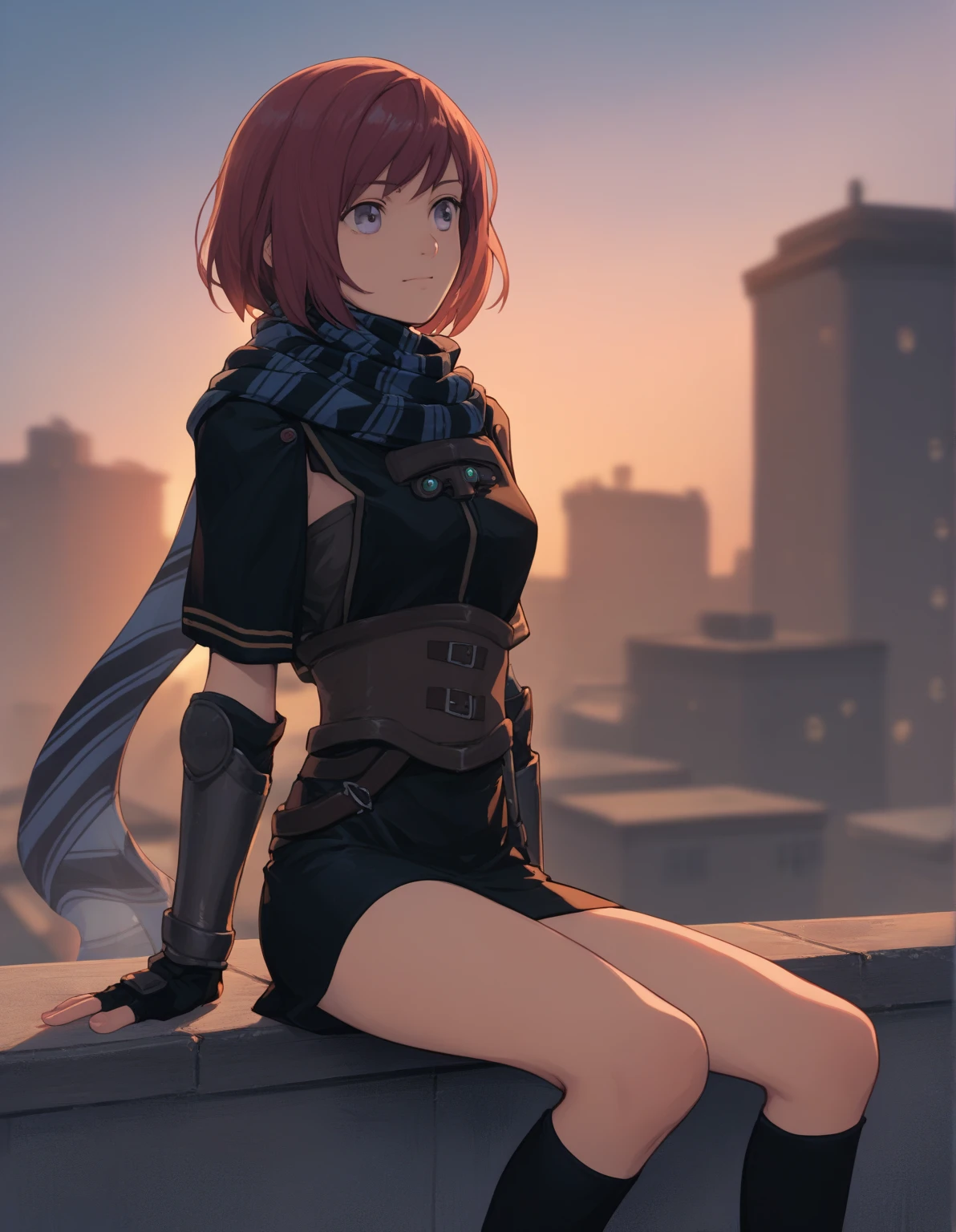  score_9,   score_8_up,  score_7_up nel zelpher,  black dress sitting on the roof, Short dress,  stripe scarf, Arm guard, Fingerless gloves,  black knee-highs,
Outdoor,  evening , close-up, upper body, Bokeh