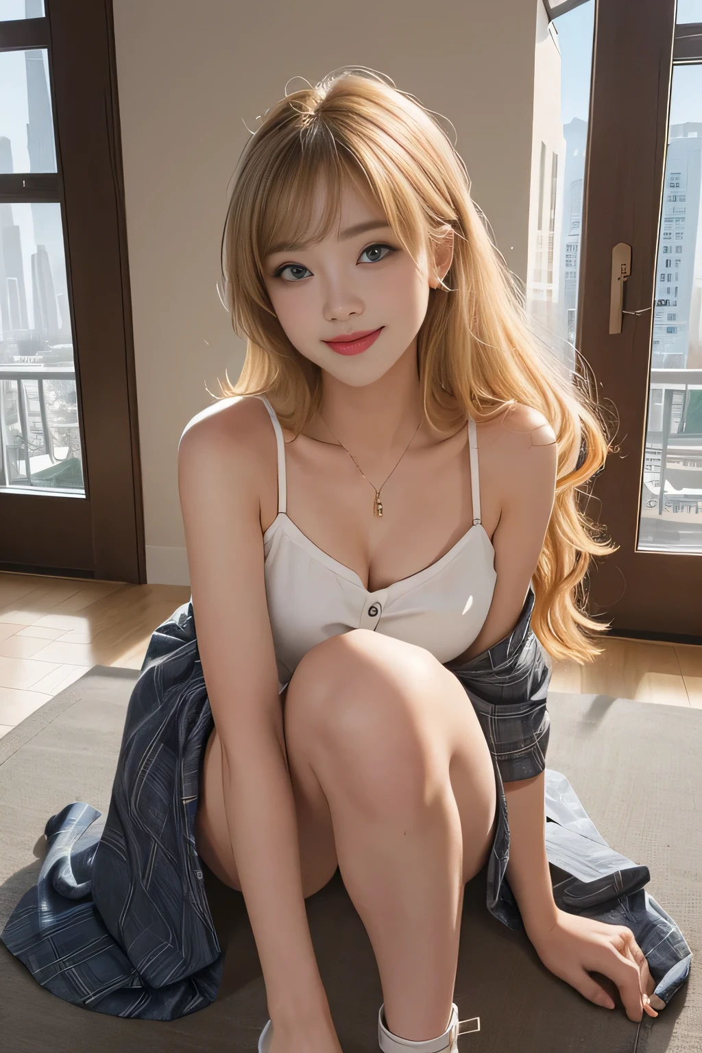 -teen, European,nde, small breasts, big eyes, sitting on chair, crossing legs, extremely low angle shot, pleated skirt, close-up on thighs, ray tracing, HDR