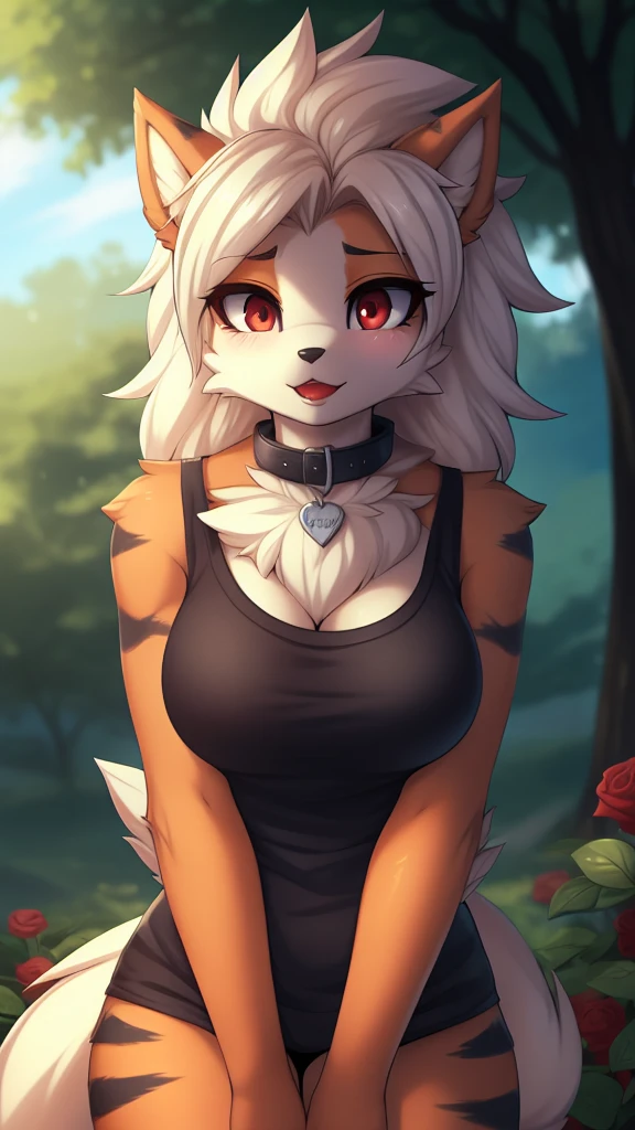 By zinfyu,by twistedscarlet60, uploaded on pixiv, by fluff-kevlar, (masterpiece), (best quality), (solo female:1.2), (extremely detailed:1.3),(detailed eye,black circle on eye,red eye), arcanine,Hourglass_body, using lipstick, human lips, red lips,has hair pony, hair pony, view on viewer,  shy face, black tanktop, bare shoulder, black short, Fullbody t-shirt, medium breast, focus on face, mature woman, tall,   beautiful eyebrow,soft eyebrow, shy, blush, wearing black collar,  closeup face, excited, at rose garden, rose flower, bush, :o mouth